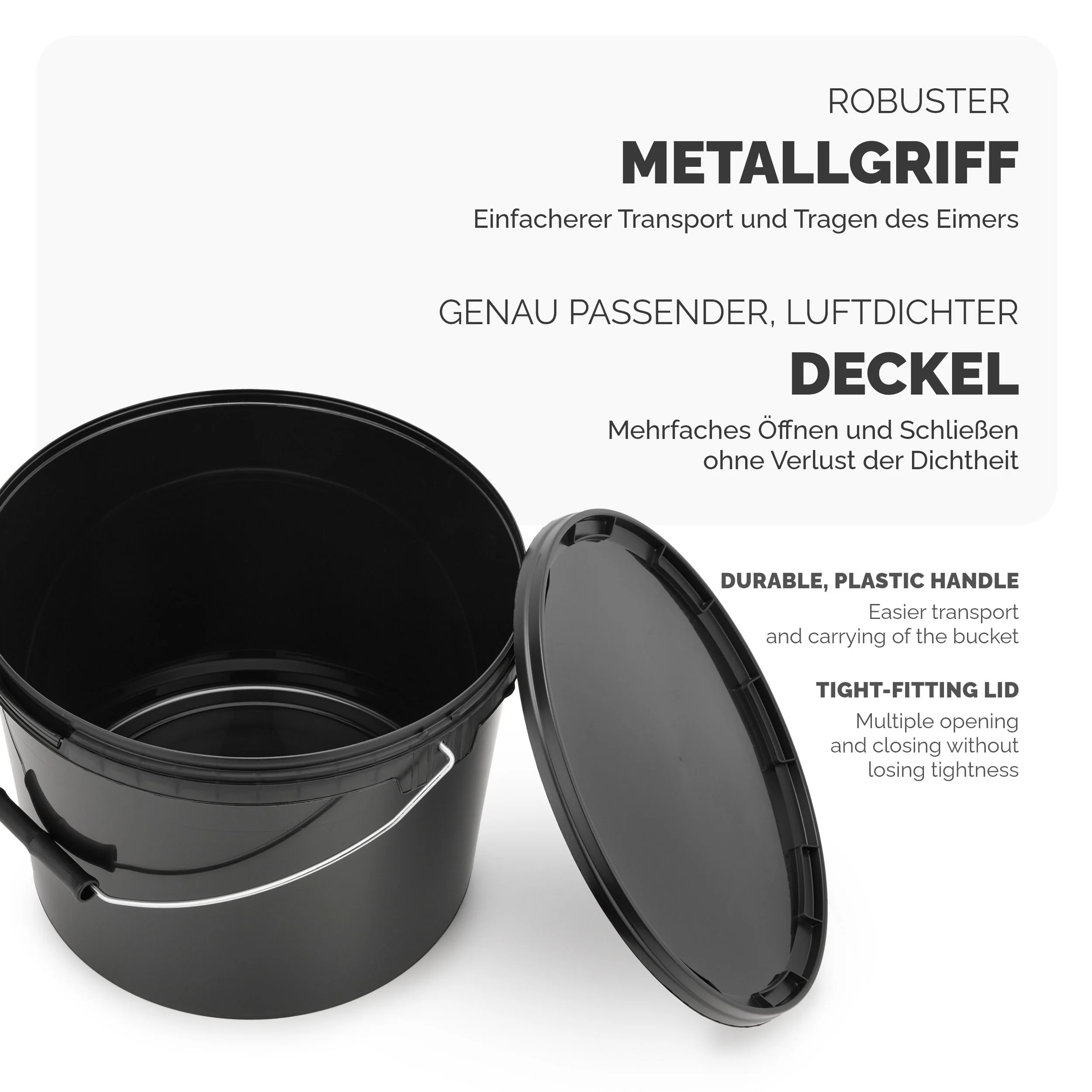 GARRONDA Putzeimer mit Deckel – Schwarz GD-0104, 10 L • lebensmittelecht & auslaufsicher